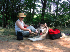 Karen and Charger taking a break trail side on a 10-mile packing hike, September 2009