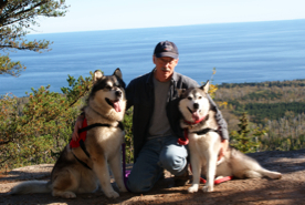 Tim with Howler and Minnie, overlooking Lake Superior, 2009